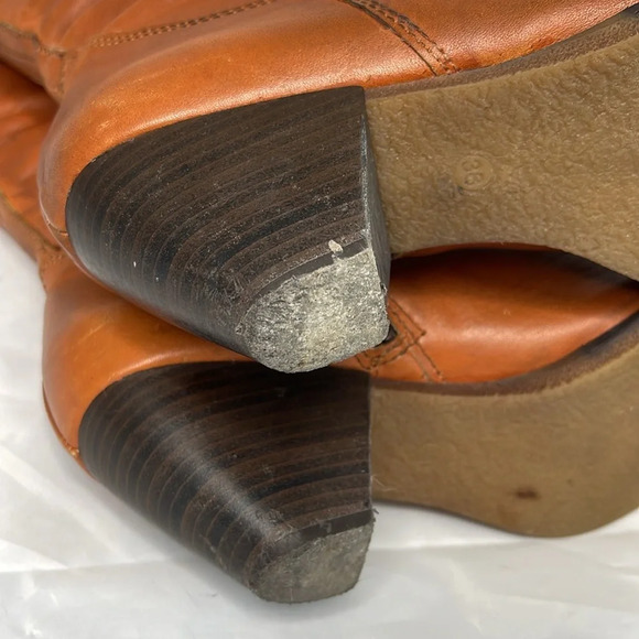 Aback A&B Cognac Leather Knee High Boots Buckle  Heels Faux Fur Inner Band 38 EU - Picture 12 of 16